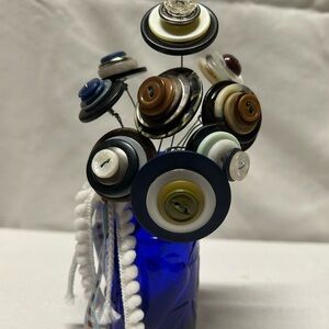 Button Bouquet in Cobalt Blue Embossed Jar/Vase